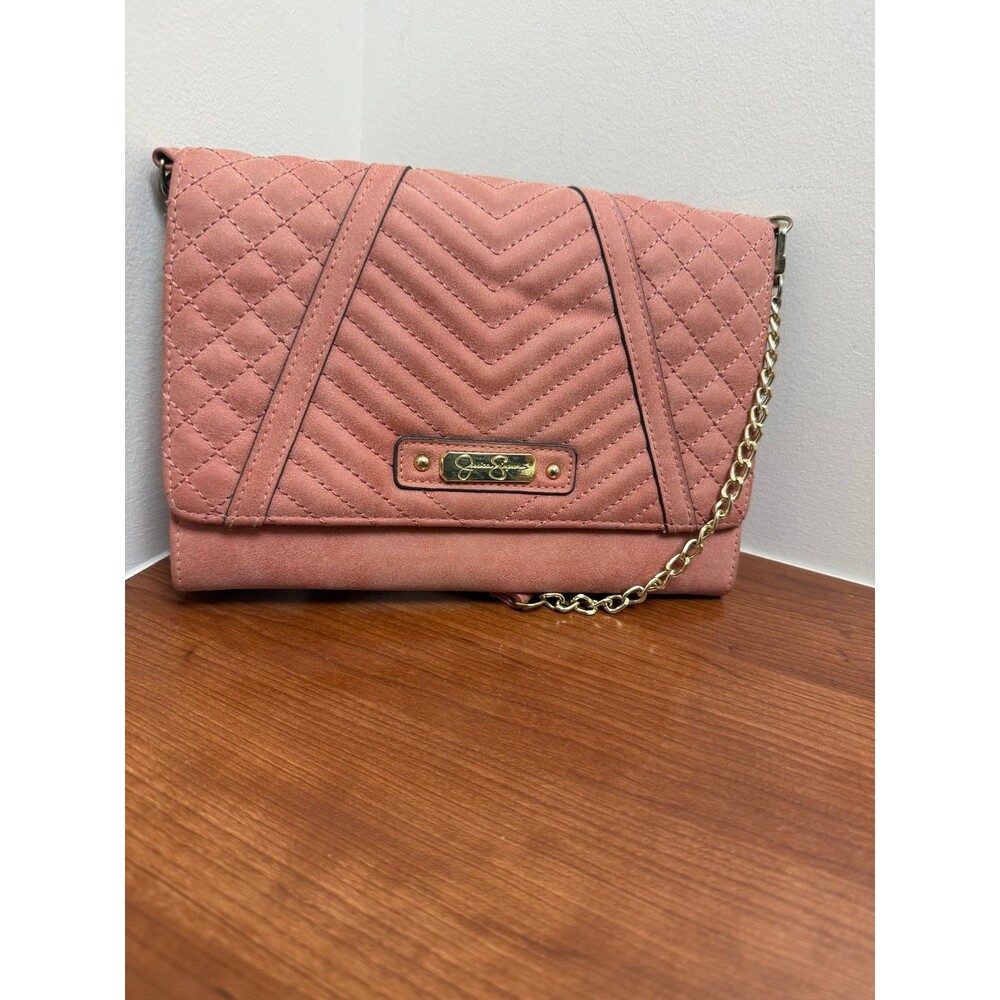 Jessica Simpson Quilted Crossbody Wallet Pink Faux Leather Chain Strap 9x6